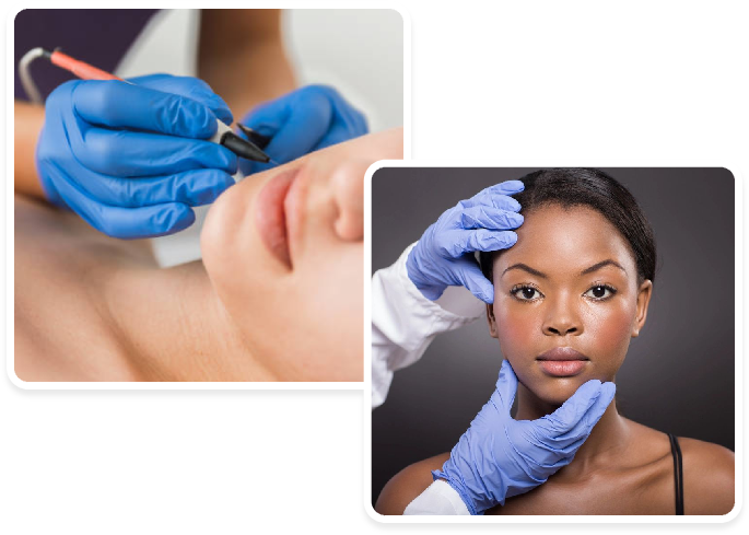 A woman getting her face waxed and an image of the same person